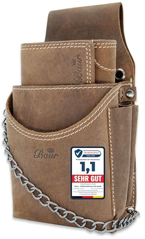 Baur set da cameriere grande in vera pelle di bufalo – portamonete professionale & fondina con catena – portafoglio cassa robusto con fodera in pelle (Set grande con bottone a pressione, marrone)