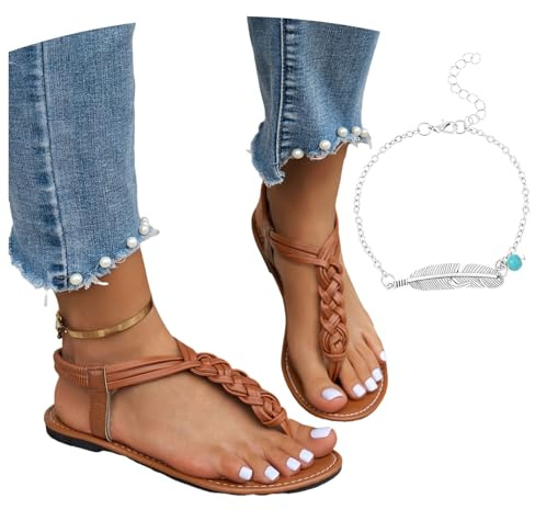 Sandales À Bout Clip Tongs Plates for Femmes Sandales À Séparateur D'orteils En Cuir PU Sandales Romaines Avec Bande Élastique Chaussures D'été Décontractées 2025 for Piscine/plage(Brown,43 EU)