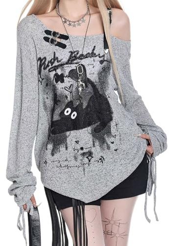 Skateboard Frog Y2K T Shirt Damen Anime Schulterfreies Langarm Löchern Mesh | Damen T-Shirt Grunge Gothic Harajuku Kawaii Streetwear Langarmshirt schulterfrei Cut Out Cartoon Druck lässiges Freizeit Tops