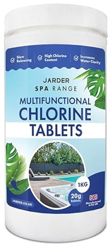 Jarder Chlorine Tablets for Hot Tubs and Pools - 4 in 1 Formula - Disinfects, Cleans, Sanitises and Clarifies - High Chlorine Content - 1KG