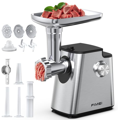 FIMEI Tritacarne Elettrico, 4 in 1 con 3 Piastre, 2 Lame, 3 Imbottitrici per Salsicce, Accessorio Kibbe, Accessorio per Biscotti, Funzione Inversa, Base in Acciaio Inossidabile e Antiscivolo