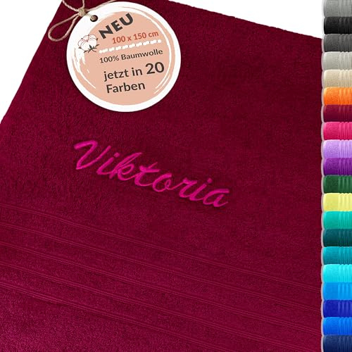 Lashuma personalisiertes Handtuch XXL, London großes Badetuch mit Namen Bestickt 100x150 cm Rot - Kirsch