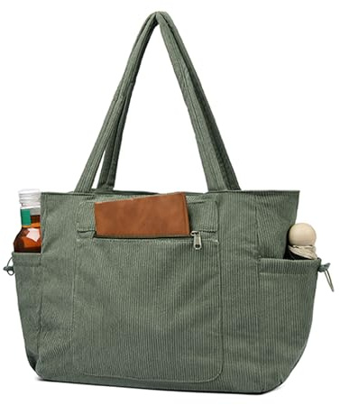 ibalulu Cord Tasche Damen, Groß Shopper Tasche, 15.6 Zoll Tote Bag Laptoptasche, Strandtasche mit Reißverschluss, Handtasche Arbeitstasche Umhängetasche Schultasche für Schule Gym Reisen
