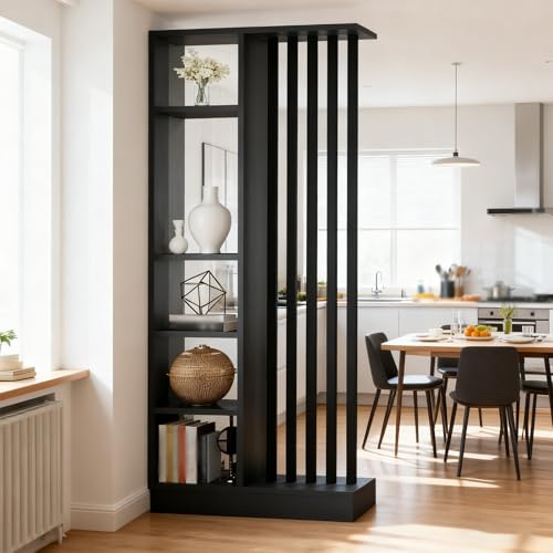 Raumteiler mit Regalen, Trennwand für den Eingangsbereich, Säule vom Boden bis zur Decke – freistehender Raumteiler mit Ablagefach, freistehende Dekoration für Schlafzimmer (A Black + Gray, 80cm)