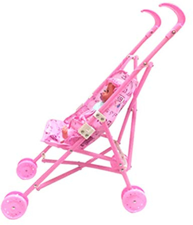 Thonlai Babypuppe mit Wagen, Niedliches Spielzeugset mit Großen Augen und Langen Wimpern für, mit Faltbarem Kinderwagen Zur Einfachen Aufbewahrung (Rosa)