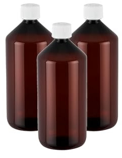 GREEN24 Laborflaschen 1000ml braun PET 3 Stück - Apothekerflasche mit Originalitätsverschluss & Kindersicherung – lebensmittelecht & BPA-frei inkl. Beschriftungsetiketten