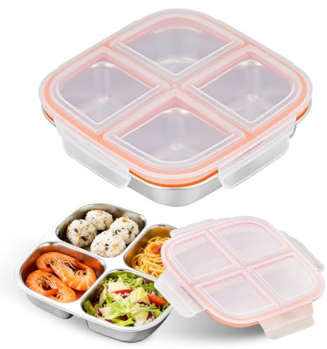 CEWROM Snackbox mit Fächern Edelstahl, 2 Stück Bento Box, 600ML Auslaufsichere Snackbox mit Deckel & 4 Fächern,Wiederverwendbare Snackdose für Kinder & Erwachsene für Schule,Arbeit & Camping (Weiß)