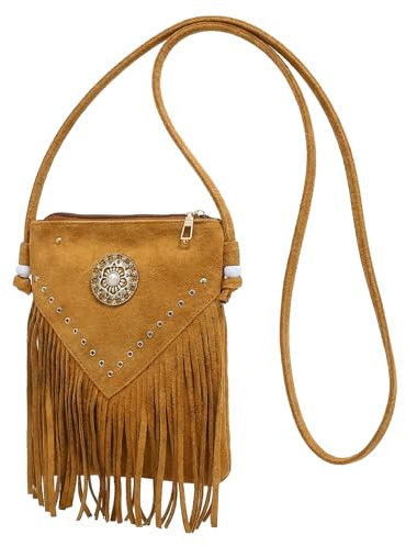 Fgdui Kleine Handtasche mit Quaste Hippie Kostüm Damen Crossbody Bag 70er/80er Jahre outfit Damen Flower Power Accessoires Karneval Kostüm