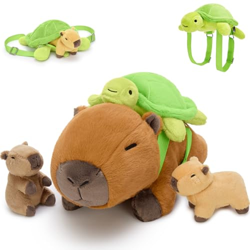 MaoGoLan groß Capybara Kuscheltier XXL mit 2 Baby im Schildkröte Rucksack, 40cm weich riesen Capybara Stofftier Plüschtier Spielzeug, Schildkröten Geburtstag Weihnachten Geschenk für Kinder Baby