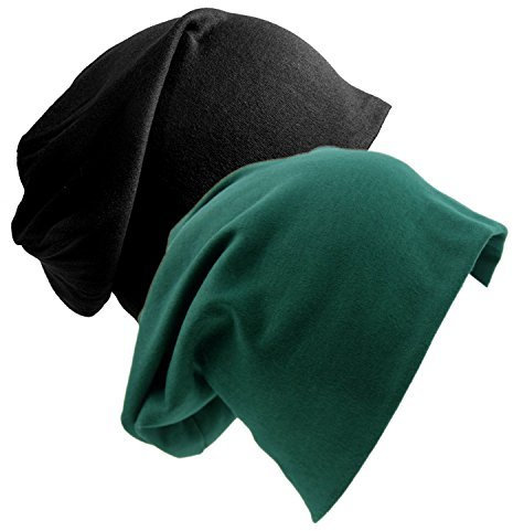 Beanie-Mütze aus weicher Baumwolle, lockere Passform, Chemo-Hüte für Damen und Herren, Schwarz/Dunkelgrün, Einheitsgröße, 2 Stück, Grün , Einheitsgröße