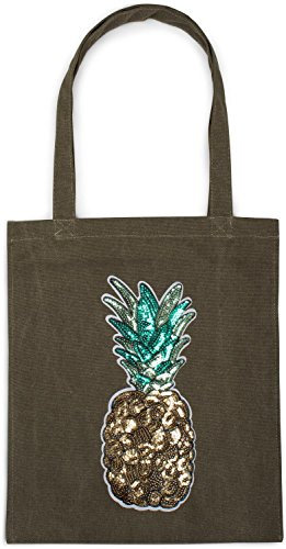 styleBREAKER Einkaufstasche mit Pailletten Ananas Applikation, Tragetasche, Canvas Stofftasche, Tasche, Unisex 02012215, Farbe:Oliv