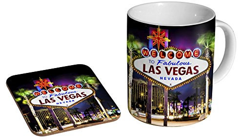 Tasse à café en céramique avec dessous de verre Motif Las Vegas