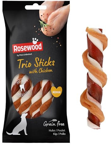 Rosewood Trio Sticks mit Hühnchen – Zahnpflege-Kaustangen mit Rinderhaut – Getreidefrei & Glutenfrei – Ohne künstliche Zusätze – 90 g