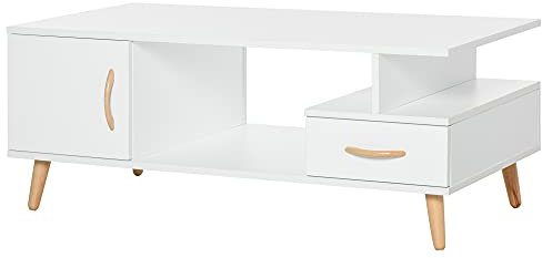 HOMCOM Table Basse rectangulaire Design scandinave 100L x 50l x 40H cm Niche + tiroir & Placard Bois Massif pin Panneaux Particules Blanc