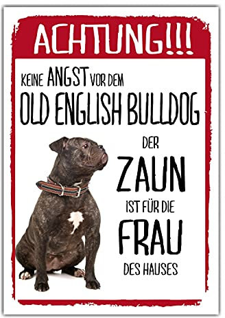 Old English Bulldog Dunkel Dog Schild Achtung Zaun Frau Spruch Türschild Hundeschild Warnschild Geschenkidee lustiger Spruch Hundemotiv Aluminium Wetterfestes Hundeschild