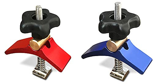 FoxAlien 2pcs T-track Hold Down Clamps Aluminum Alloy for Woodworking Compatible with T-slot Worktable Masuter Pro, Masuter 3S, Masuter 3, XE-PRO and Vasto CNC Router Machines (Red and Blue)