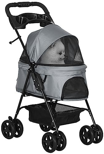 PawHut Dog Pram Dog Stroller Foldable Pet Pushchair with 4 Wheels, Safety Leashes, Cup Holder for Small Dogs, Grey