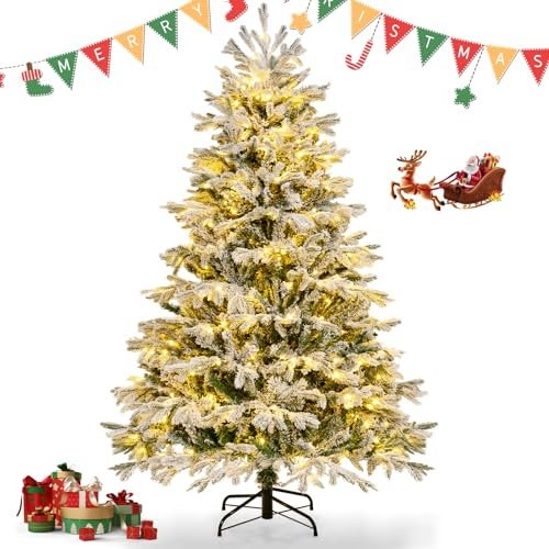 TANGZON 4.5FT/6FT Pre-Lit Christmas Tree, Snow-Flocked Xmas Tree with Foldable Metal Base, 200/350 Warm White LED Lights, 688/1022 Branch Tips, Artificial Holiday Decor for Home Office (6FT/180CM)