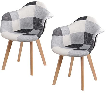 GrandCA HOME 2er-Set Esszimmerstühle mit Armlehne, Vintage-Küchenstühle, Sessel, Massivholzbeine und Patchwork-Stoffsitz, für Schlafzimmer, Wohnzimmer, Esszimmer und Küche, Schwarz