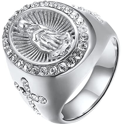 Flongo Herren-Ring Männer Rosenkranz-Ring Daumenring Bandring Siegelring Silber Jungfrau Maria Heilige Mutter Gottes Kreuz Kruzifix Herren-Accessoires Größe 62