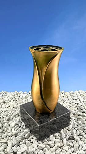 Grabstein-Gestaltung Grabvase aus Messing auf Granitsockel (Bahama Blue Granitsockel), 15x15x30 cm