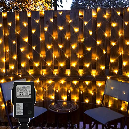 CCILAND 3x2m Christmas Net Lights Outdoor Mains Powered - 200 LED Mesh Light Plug in, 8 Modes 30V Low Voltage Garden Bush String Lights for Shrub Fence Backyard Patio Lawn Window (Warm White)