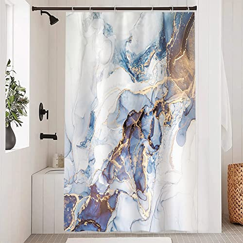 Uiiooazy Duschvorhang Marmor Blau, Duschvorhang Schmal Abstrakt Grau Gold Marmoriert Duschvorhäng Anti Schimmel Wasserdicht Polyester Stoff Waschbar Bad Vorhang mit 6 Haken für Badezimmer 90Bx180Hcm