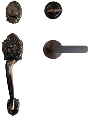 LOCKSET Reversible Front Door Hardware Set Luna with Lever Handle and deadbolt. European Style. Antique Copper.