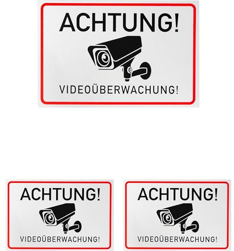 Aufkleber Set Achtung! Videoüberwachung!, 3 Stück, 15 x 10 cm, selbstklebende Folie, Warnhinweis Sticker für Innen- und Außenbereich, Video Überwachung Klebesticker, Kamera Hinweisschild zum Kleben
