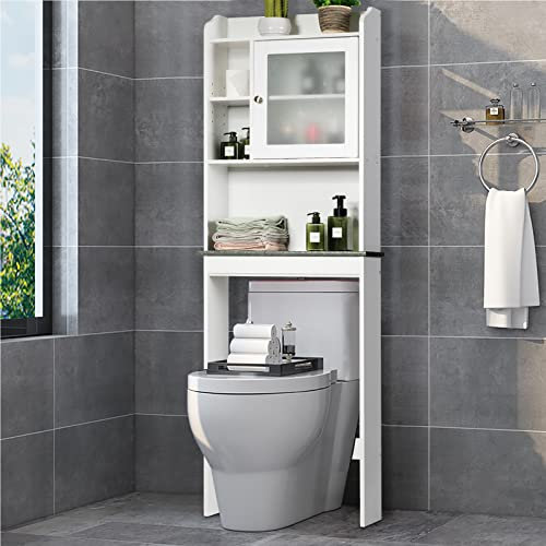 GOPLUS Armoire Dessus Toilette Blanc avec 4 Étagères & Porte, Meuble de Toillette en Bois pour Séchoirs, Machines à Laver, avec Arche d’Étagère Réglable, 60x19x173cm