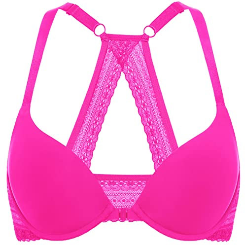 DOBREVA Damen Vorderverschluss Push Up BH mit Bügel Soft T Shirt Tiefen Ausschnitt BHS Neckholder Gepolsterter Glitzer-Rosa 70AA
