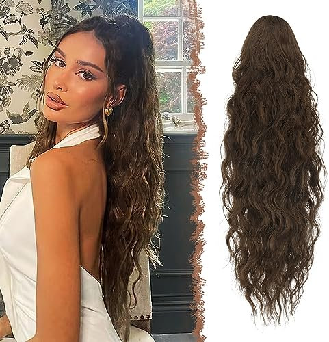 FESHFEN Lange Zopf Pferdeschwanz Haarextension mit kordelzug Lang Wellig Lockig Moosbraun Synthetik Haarverlängerung Natürliches Clip in Haarteil Ponytail Kunsthaar Haarzopf für Damen 65cm