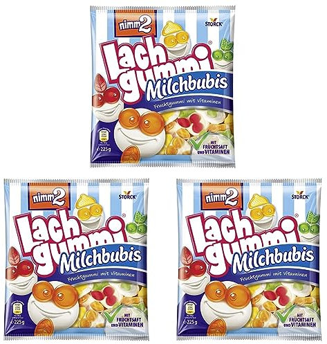 nimm2 Lachgummi Milchbubis – 1 x 225g – Fruchtgummi mit Fruchtsaft, Vitaminen und Milch (Packung mit 3)