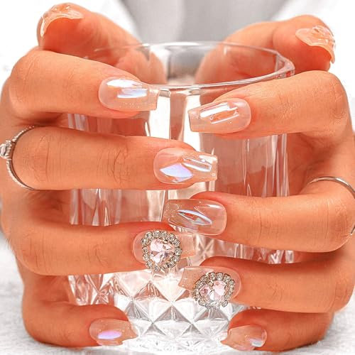 Sethexy Pierre précieuse Fait à la main Faux ongles Aurora Paillettes Cercueil moyen Ongles à presser Cristaux 3D Brillant Faux ongles Ongles de qualité durable de salon pour femmes et filles (D)