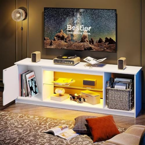 Bestier Supporto TV LED da gioco per TV da 65 pollici, centro intrattenimento con armadio per PS5 Xbox, console TV moderna per soggiorno camera da letto, ripiani in vetro regolabili, fibra di carbonio