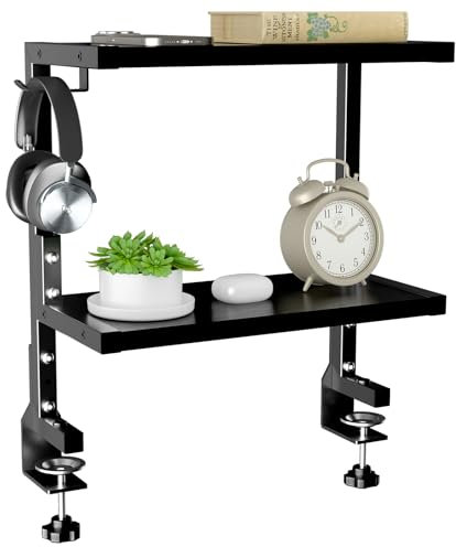 PUTORSEN 15 Zoll Clamp-on Schreibtisch Organizer, 2 Tier Schreibtisch Regal DIY Regal unter Schreibtisch für Gaming-Geräte, Tischzubehör und mehr, Schwarz