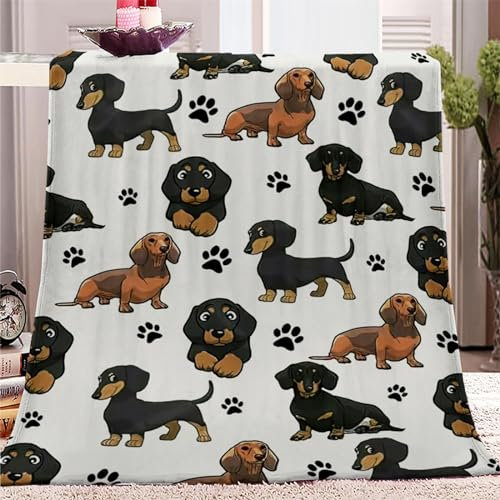 Decke 150x200 cm Tierisches Dackel- und Hundepfotenmuster 3D Kuscheldecke Flauschig Decke Fleecedecke Weich und Warme, Wohndecke Flanell als Sofadecke Couchdecke Tagesdecke