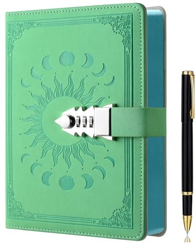 Lock Diary with Pen Set, A5 240 Pages Secret Lockable Journal, Personal Planner Organizer Notebook, Colorful Spray Edge, Size A5(8.5 × 5.9) Green