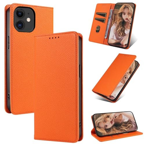 Beajew Handyhülle für iPhone 11 Hülle, Premium Leder Klapphülle [RFID Kartenschlitzen][Magnetverschluss][Standfunktion] kompatibel mit iPhone 11, Orange