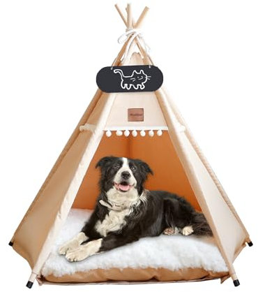 Mooipet Tipi Zelt für Haustiere mit doppelseitigem Kissen Haustierzelt für Hunde/Katzen Haustierhütte Abnehmbar und Waschbar Hundehaus für Meerschweinchen Kaninchen Hamster Kätzchen 50x50x60cm