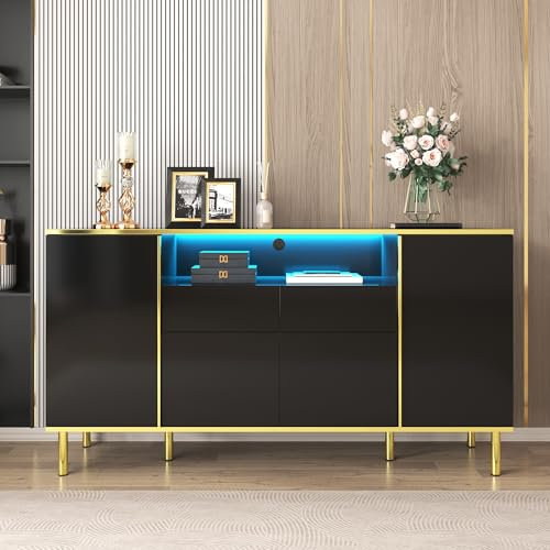 BTM Buffet, Panneau latéral, Armoire à tiroirs Noir Brillant avec 2 tiroirs Armoire à tiroirs Chambre à Coucher, Panneau latéral Noir Brillant B150 / T40 / h80cm