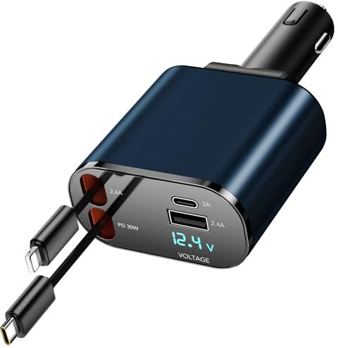 COCIVIVRE KFZ Schnell Ladegerät Auto Einziehbares Zigarettenanzünder 60w SteckerAdapter USB Retractable Car Charger MultiPort für iPhone 16/15/14/13/12/Pro max/Sumsang S24/S23/ S22/Pixel 7/6 (Blau)