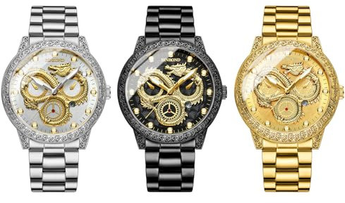JewelryWe Uhren Herren Edelstahl Drache: 3pcs Datum Kalender 30m wasserdichte Analog Quarz Armbanduhr Männer Edelstahl Armband Uhr mit geprägten golden Drachen Zifferblatt und Leuchtzeiger