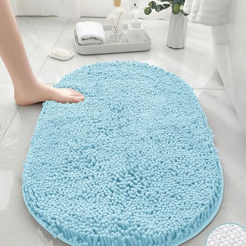 Mateju Chenille Badezimmerteppich Oval Weich Badteppich rutschfest Badematte Badvorleger Saugfähige Maschinenwaschbare für Dusche Badewanne Toilette (50x80CM,Aqua Blau)