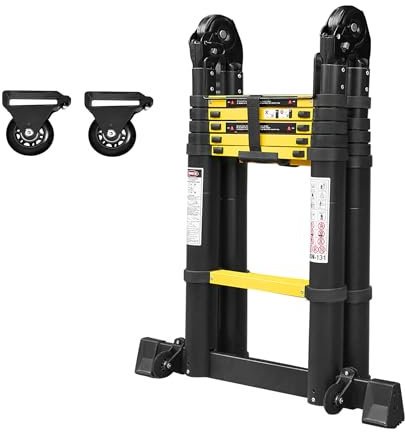 YRHome Escalera telescópica plegable de 3,8 m (1,9 m + 1,9 m), multiusos extensible, antideslizante, portátil, 150 kg, color negro