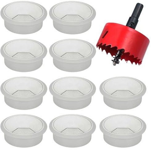 Hejo 10 Stück Schreibtisch Kabeldurchführung, 60mm Kabeldurchlass mit 1 Lochsäge, Kabeldurchführung Tisch Rund für Tisch Büro Arbeitsplatten, Grau
