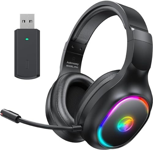 Awinnasey Wireless Gaming Headset with Microphone for PS4, PS5, PC, Mac, Switch, Noise Cancelling Gaming Headphones with RGB Lights, 2.4GHz, 7.1 Stereo Sound, 20ms Low Latency Deep Black