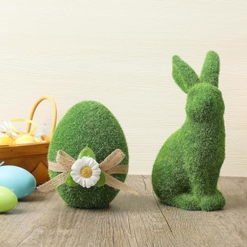 HAUSPROFI Dekorative Osterei und Hasenfigur - Grün Moos Osterei und Hase - Tischdeko - Perfekte Osterdeko Figuren für Ostern - Set von 2 (Ei 12cm Hase 20cm) - Einzigartiges Geschenk und Dekoration