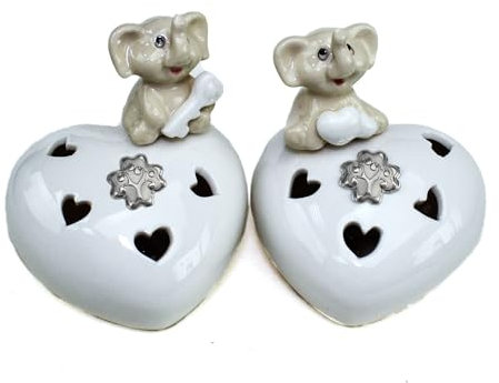 DLM35056 Cuore in Porcellana con Luce LED Lampada Lume Porcellana Albero della Vita Battesimo Elefantini bomboniera