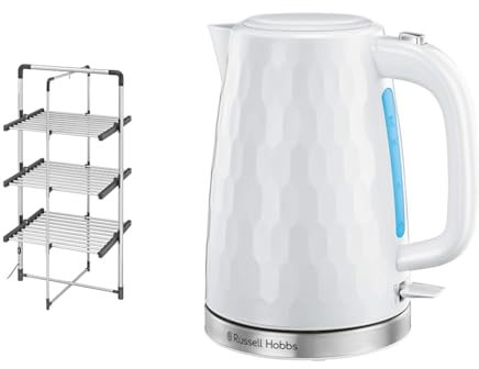 Black+Decker 63099 3-Tier Heated Clothes Airer Aluminium, Cool Grey, 140cm x 73cm x 68cm & Russell Hobbs Honeycomb Electric 1.7L Cordless Kettle (Fast Boil 3KW, White premium plastic)